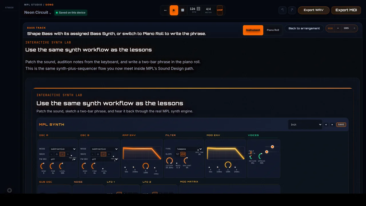 Il synth di Song Studio, con oscillatori, filtro e inviluppi